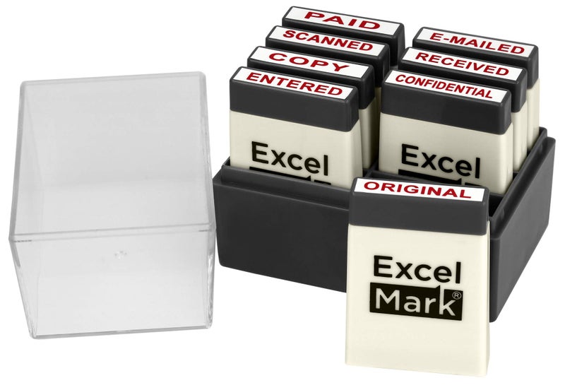 ExcelMark Mini Office Message Rubber Stamp Set - Red Ink - Storage Tray Included - Image 1